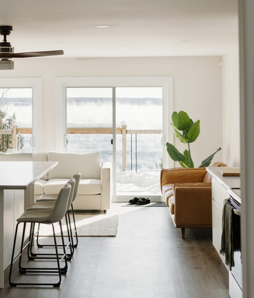 Looking out the back patio window of a living room, with newly painted American White coloured walls and a house plant in the corner beside the patio door.