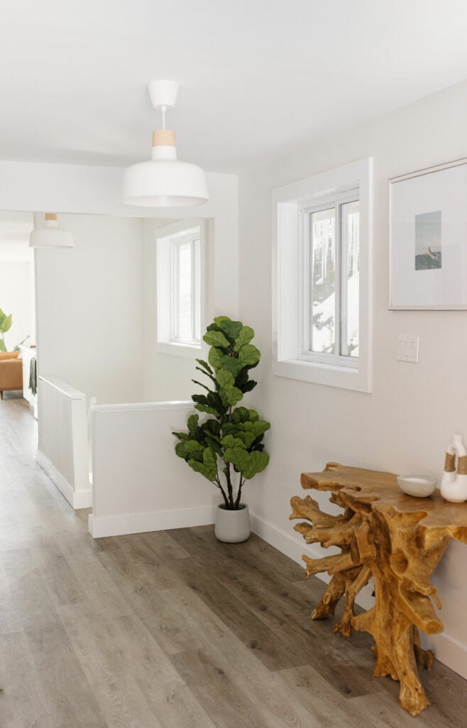 Painted American White coloured walls in a home hallway, featuring a house plant in the corner and a wooden table on the wall.