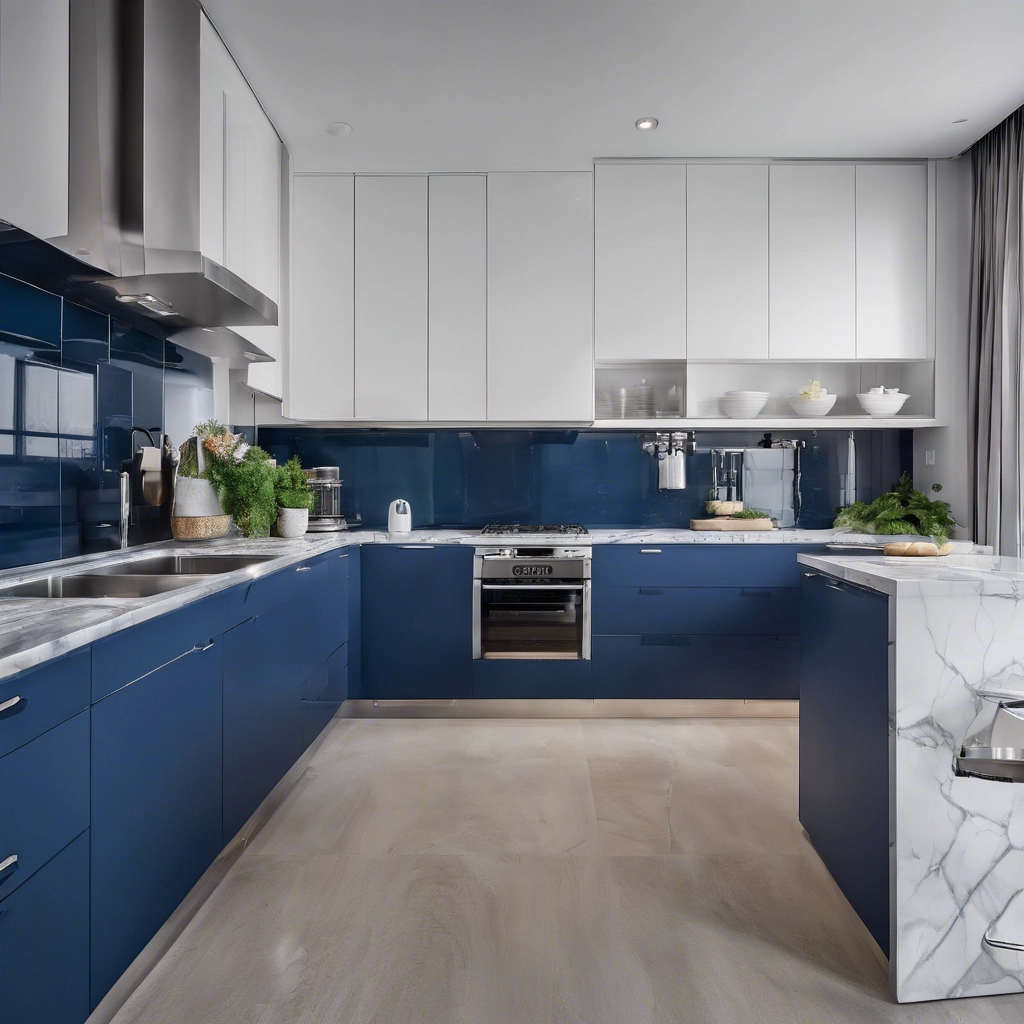 Kitchen with lower cabinets painted in deep blue