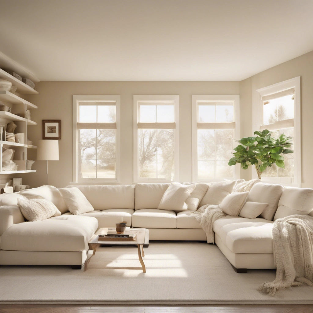 Living room painted in soft cream with modern décor as one the 2024 top trending paint colours.