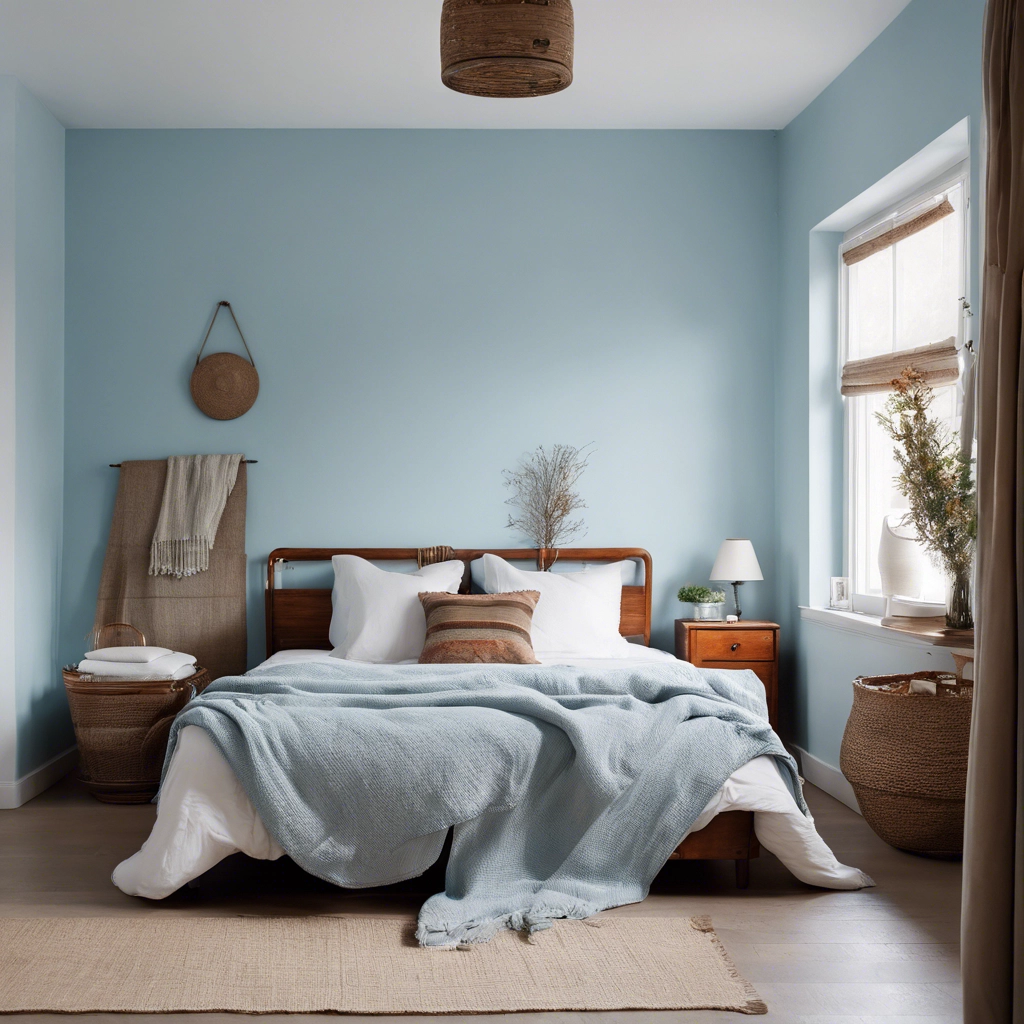 Bedroom painted in soft sky blue as a trending paint colour.