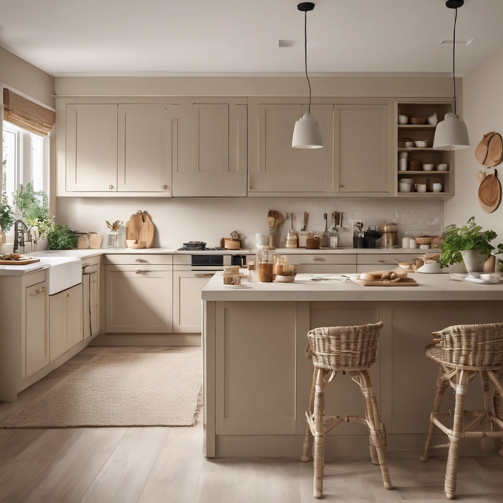 Kitchen painted in warm beige with taupe accents as one of the top trending paint colours for 2024.