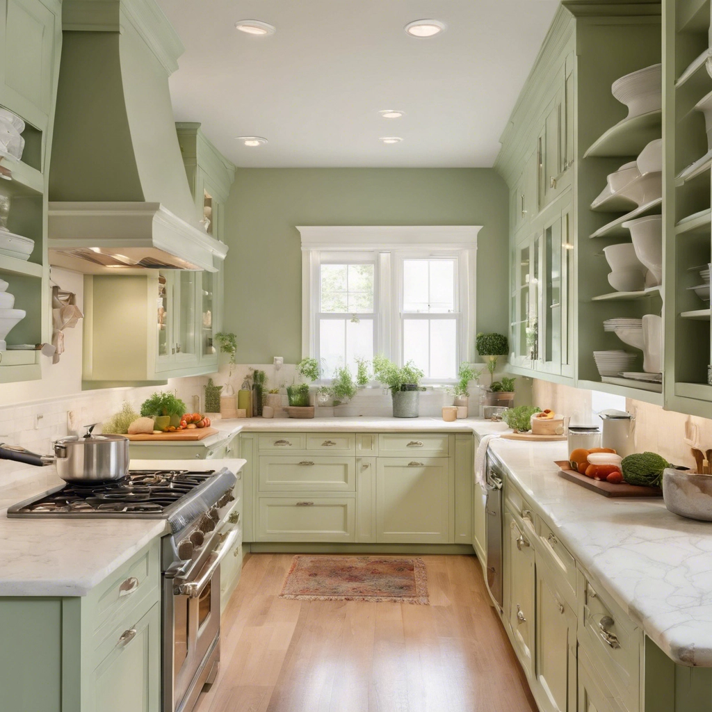 Kitchen painted in soft sage green as one of the top trending paint colours.