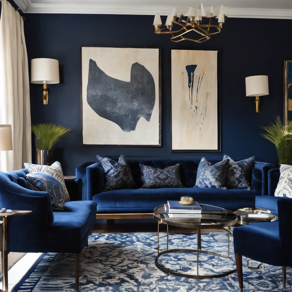 Living room painted in deep navy blue as one of the top trending paint colours for living rooms.