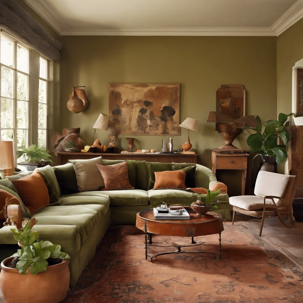 Living room painted in terracotta and olive green tones as one the 2024 top trending paint colours for living rooms.