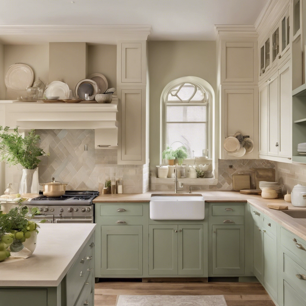 Kitchen with upper cabinets painted in light grey and off white