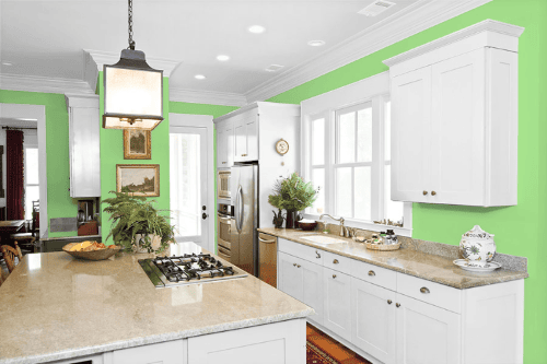 Modern kitchen with walls painted in Dulux DLX1224-6 Celery Sprig