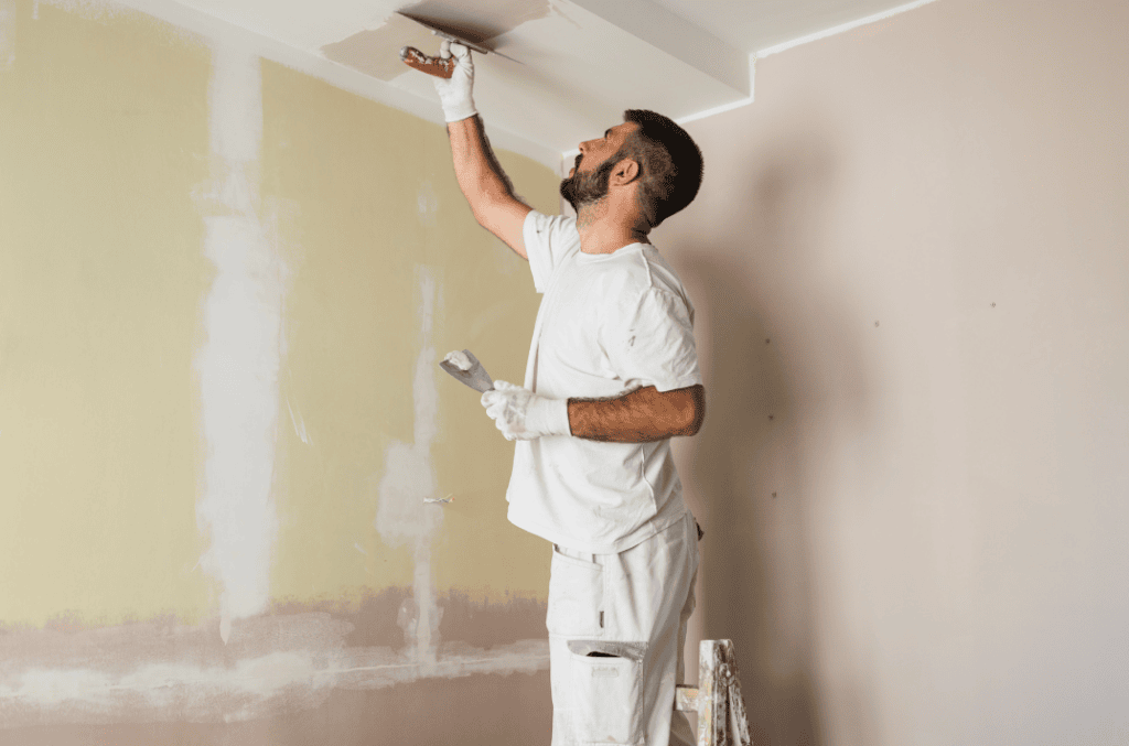 Professional painter priming a wall with precision and care